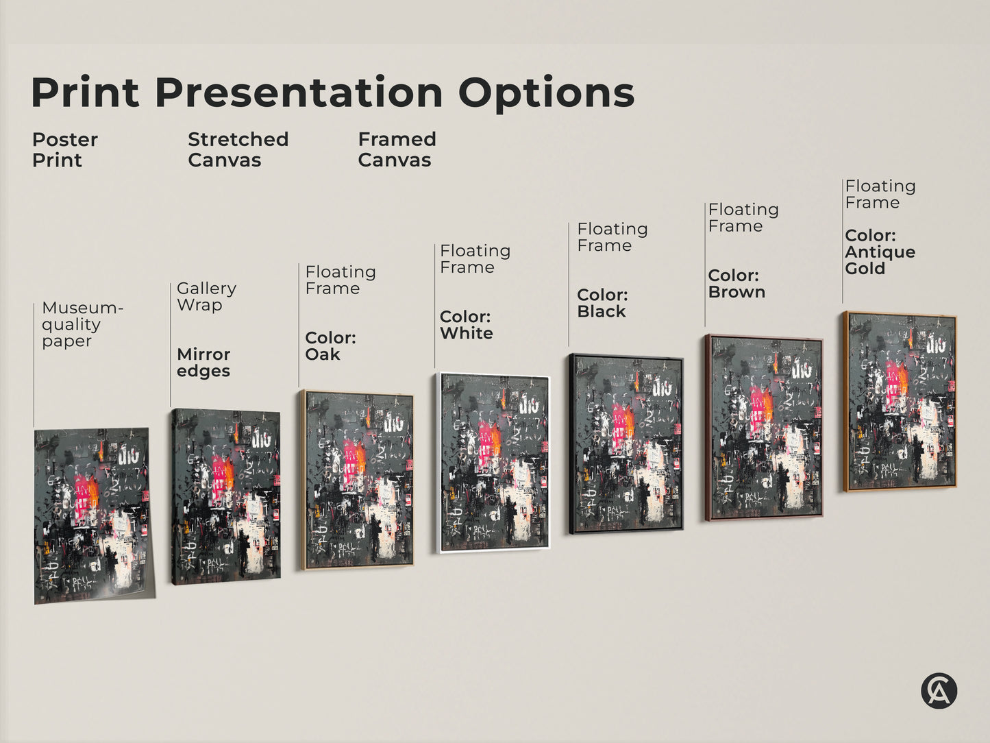 Explore print presentation options for abstract urban collage art. Choose from poster prints stretched canvas and framed canvas. Each option enhances the artwork's bold colors. Find the perfect style for your space.