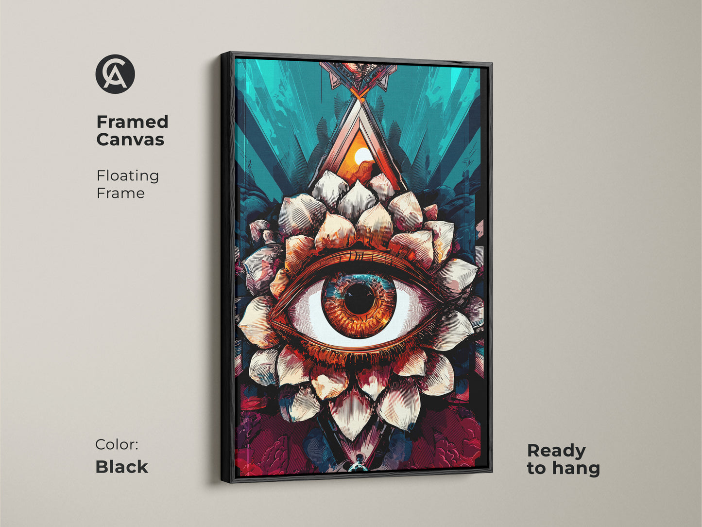 Framed canvas of a surreal eye lotus art in a black floating frame. Ready to hang this amber and teal artwork brings a mystic touch. Perfect for eclectic and spiritual home decor. The abstract third eye painting adds a unique focal point.