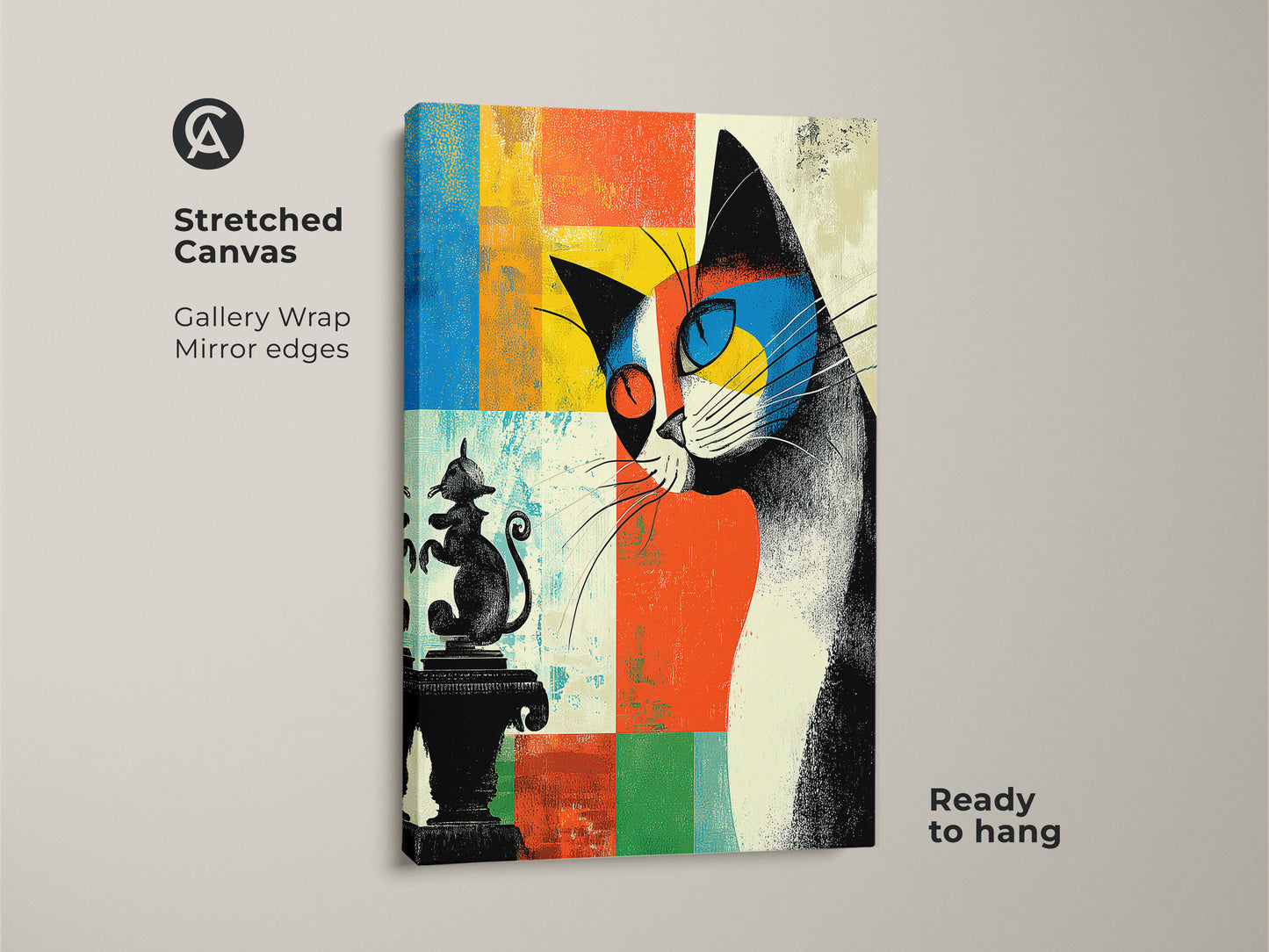 Stretched canvas abstract cat art. The artwork is a mid-century modern eclectic piece. It features orange blue and yellow colors. Ready to hang this is ideal art for cat lovers and eclectic home decor.