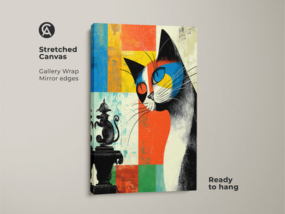 Stretched canvas abstract cat art. The artwork is a mid-century modern eclectic piece. It features orange blue and yellow colors. Ready to hang this is ideal art for cat lovers and eclectic home decor.