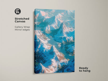 Stretched canvas art of a mountain landscape. The gallery wrap and mirror edges offer a modern aesthetic. The artwork brings nature indoors. The blue and white hues create a calming effect. Perfect for any art lover.
