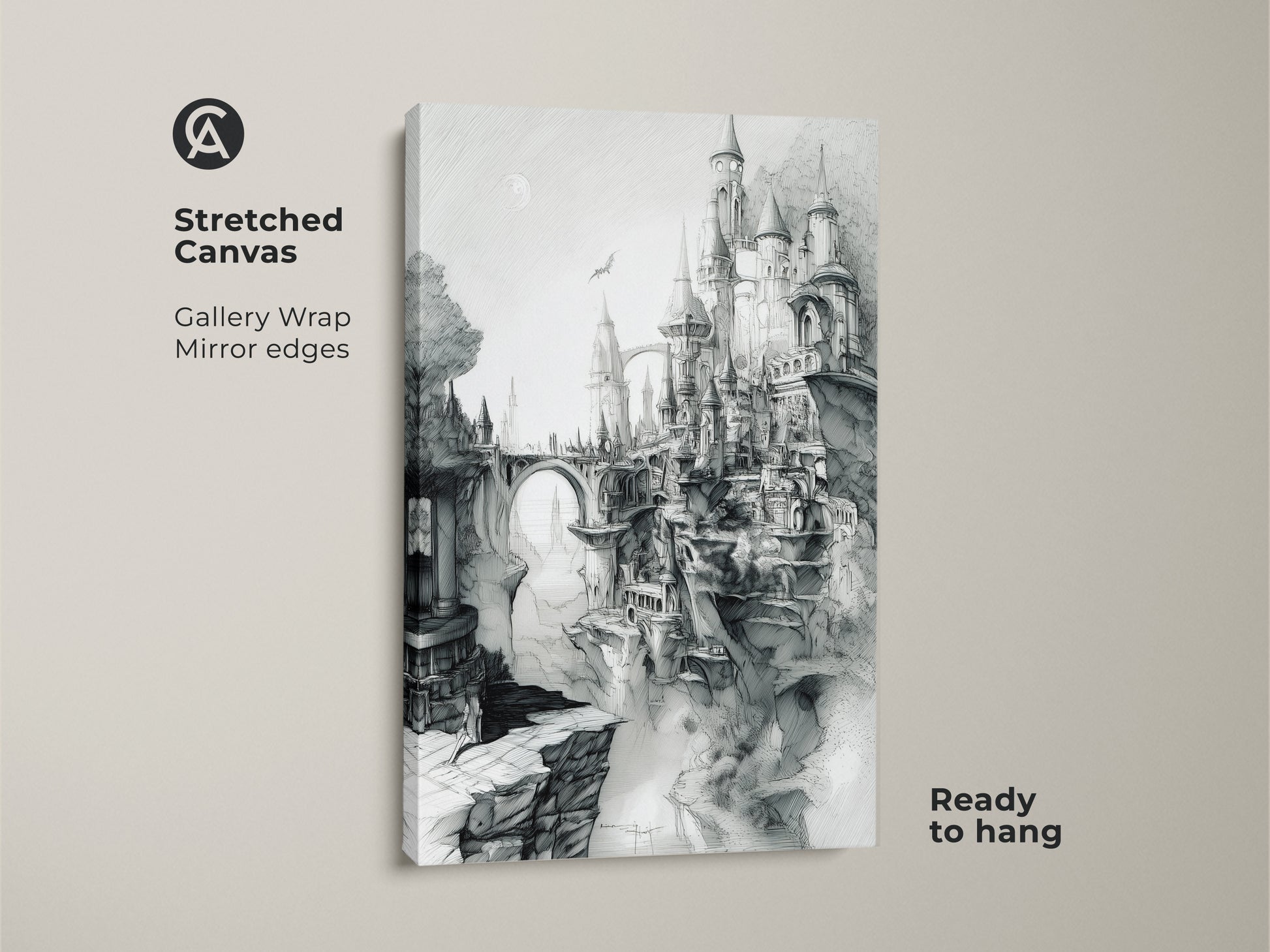 Stretched canvas art featuring a detailed castle sketch. A medieval fantasy castle sits atop rocky cliffs. This gallery-wrapped canvas art has mirrored edges. It arrives ready to hang. A great addition to any art collection.