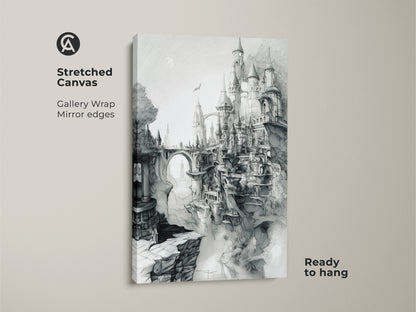 Stretched canvas art featuring a detailed castle sketch. A medieval fantasy castle sits atop rocky cliffs. This gallery-wrapped canvas art has mirrored edges. It arrives ready to hang. A great addition to any art collection.