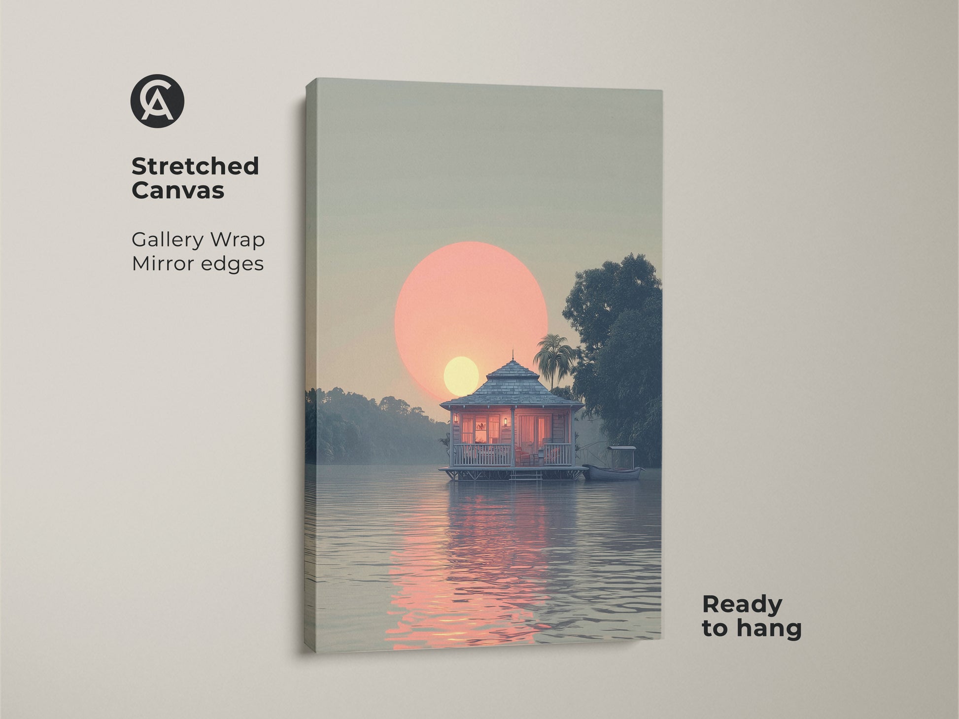 Stretched Canvas coastal lake house art. This gallery wrapped canvas shows mirror edges and is ready to hang. The art features a peach and blue tropical landscape with a serene waterfront bungalow painting. Enjoy the sunset over water.