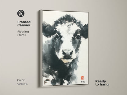 Explore this framed canvas with black and white cow artwork. The floating frame provides a modern touch. A white frame offers a clean look. Ready to hang. Buy now for minimalist animal art.