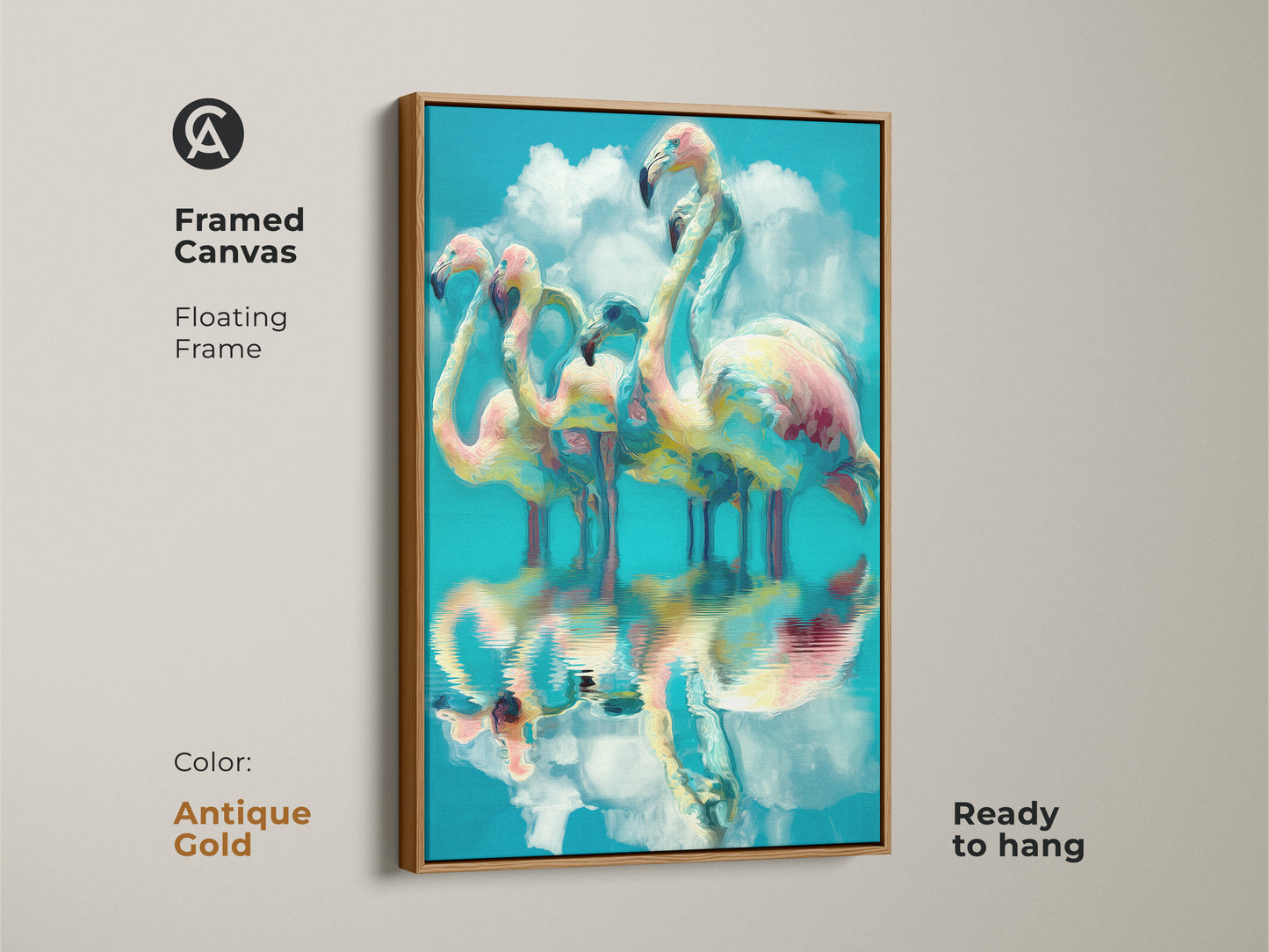 Framed canvas featuring abstract flamingos with an antique gold floating frame. The teal and pink artwork suits beach house decor. This tropical bird art is perfect for bird enthusiasts. Add color to your walls.