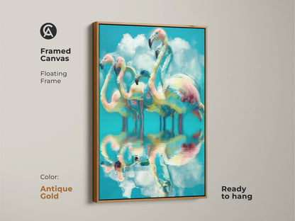 Framed canvas featuring abstract flamingos with an antique gold floating frame. The teal and pink artwork suits beach house decor. This tropical bird art is perfect for bird enthusiasts. Add color to your walls.