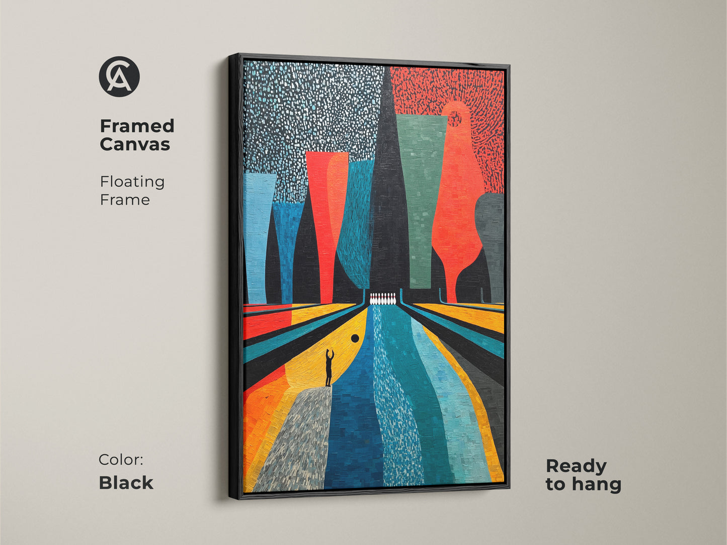 The framed canvas displays abstract bowling art. A black floating frame highlights the Mid-Century Modern artwork. The vibrant Orange Yellow and Teal colors create a retro vibe. Ready to hang this unique piece enhances a game room. The perfect gift for bowling enthusiasts.