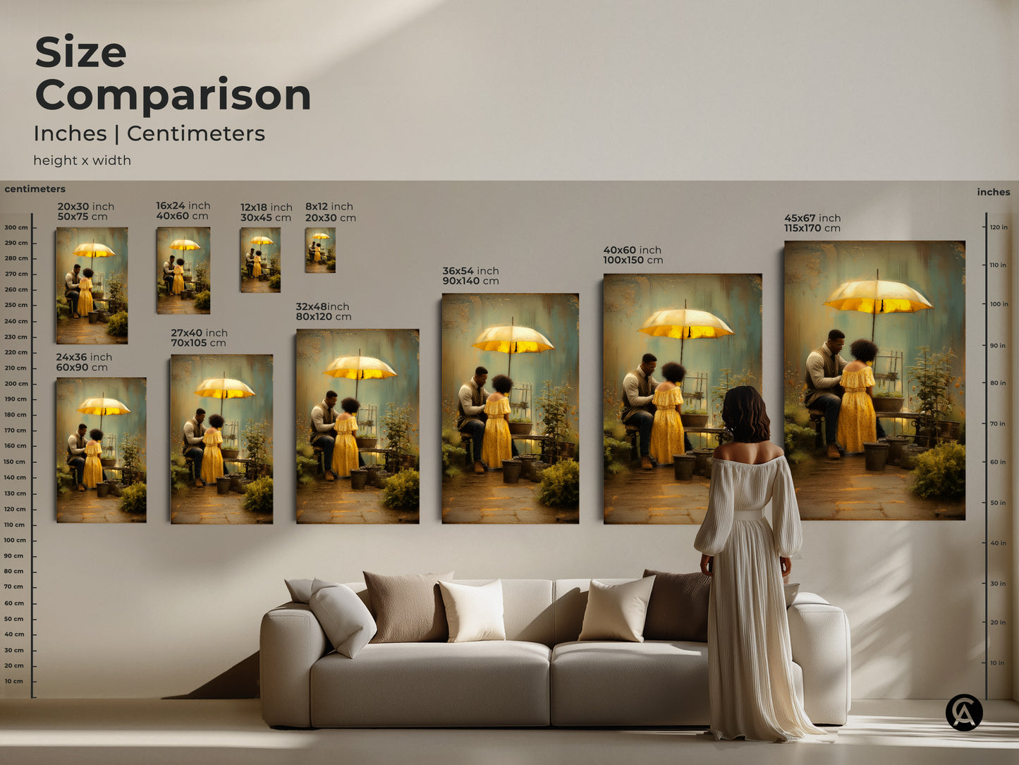 Size comparison for romantic couple gardening art under a yellow umbrella. Sizes include 8x12 16x24 24x36 36x54 and 45x67 inches. Each option features a boho style art a brown green nature scene. This makes a unique anniversary gift for couples. Textured wall decor brings a personal touch.