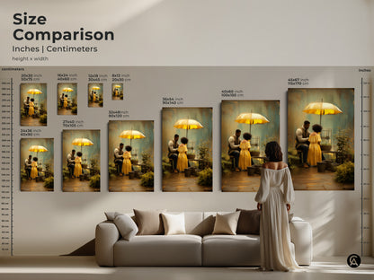 Size comparison for romantic couple gardening art under a yellow umbrella. Sizes include 8x12 16x24 24x36 36x54 and 45x67 inches. Each option features a boho style art a brown green nature scene. This makes a unique anniversary gift for couples. Textured wall decor brings a personal touch.