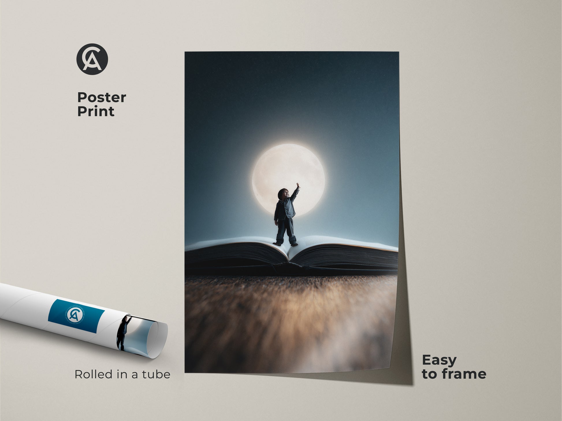 Poster print of surreal children's dream art rolled in a tube. This fantasy wall art features a child and book moon canvas. This conceptual art print is easy to frame and brings magic to any space.
