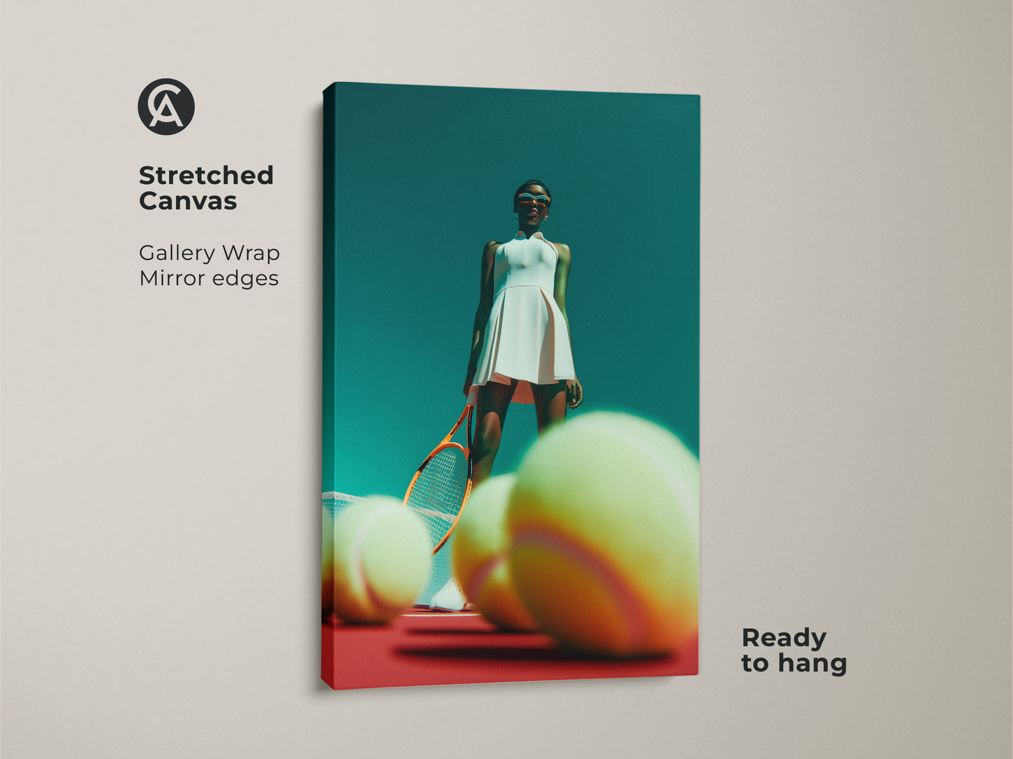 Stretched canvas artwork featuring a tennis player in a white dress. The gallery wrap showcases mirror edges. The image captures a confident pose on a red tennis court with tennis balls. Ready to hang this canvas adds a sporty modern touch to any room. Get this stunning piece of art today