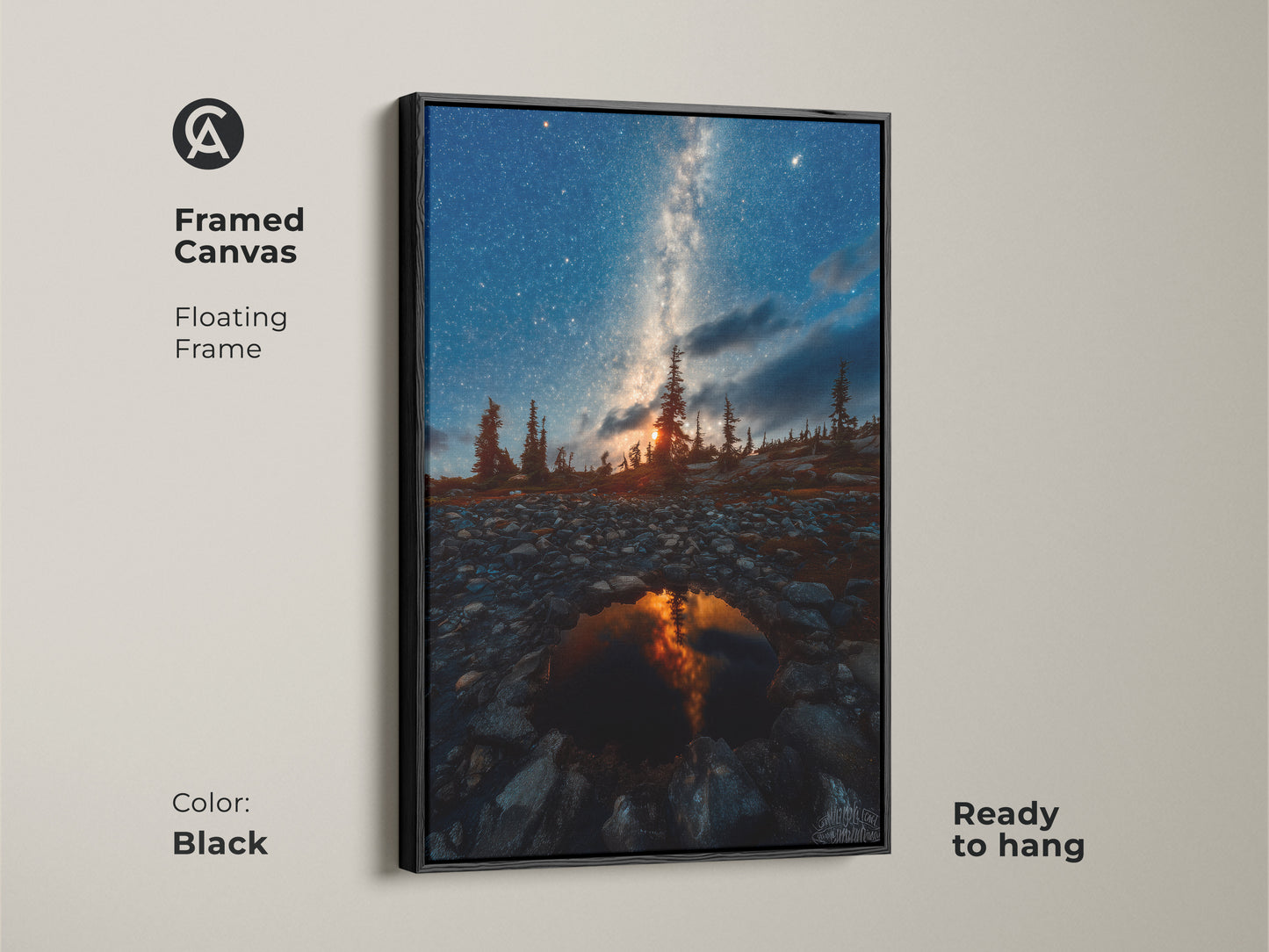 Framed canvas featuring the Milky Way and pine trees with a floating black frame. Ready to hang this astronomy art piece adds a cosmic touch. Perfect deep blue wall art for space exploration decor enthusiasts. This night sky artwork is an ideal astronomy gift for him. Add rustic charm to any room.