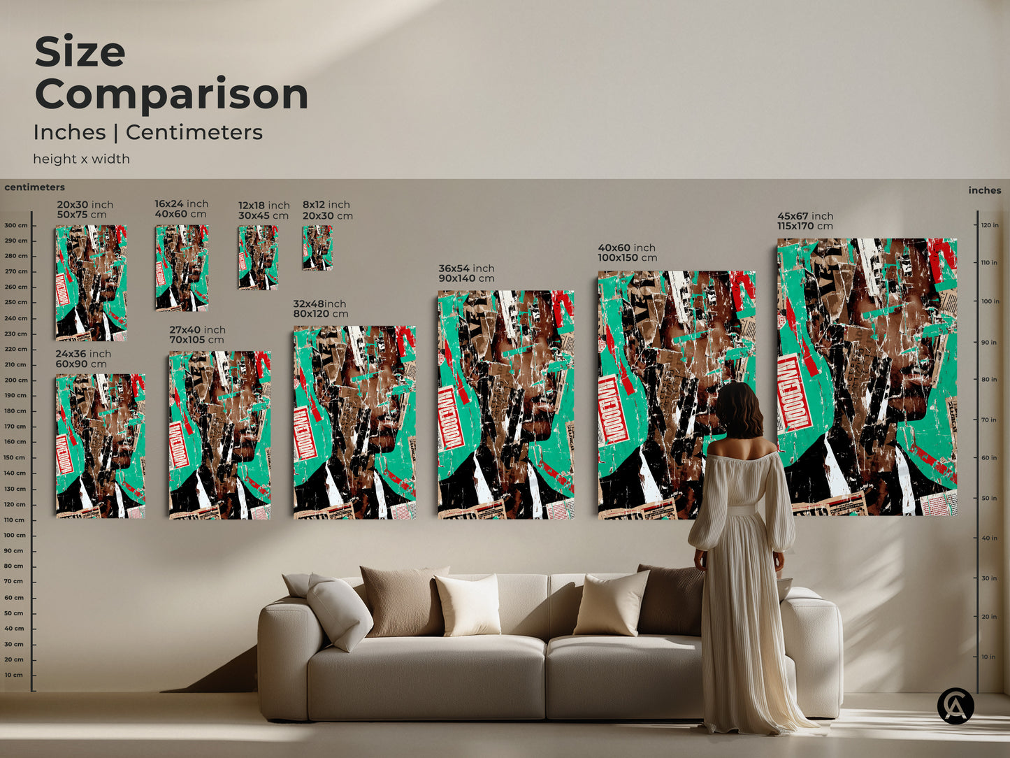 Size comparison of abstract collage art in inches and centimeters. See how the urban portrait wall art fits above a sofa. Available in various sizes this mixed media print is perfect for eclectic home decor. Transform your space today.