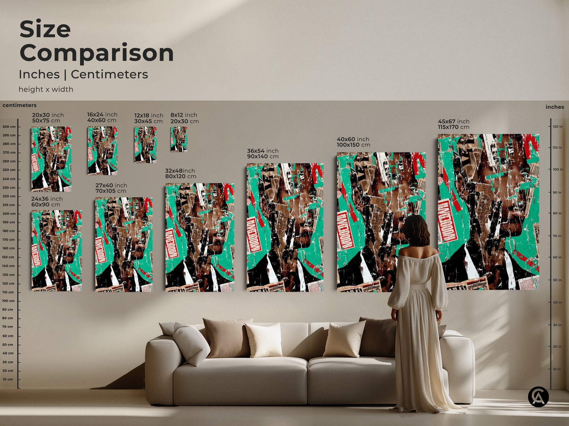 Size comparison of abstract collage art in inches and centimeters. See how the urban portrait wall art fits above a sofa. Available in various sizes this mixed media print is perfect for eclectic home decor. Transform your space today.