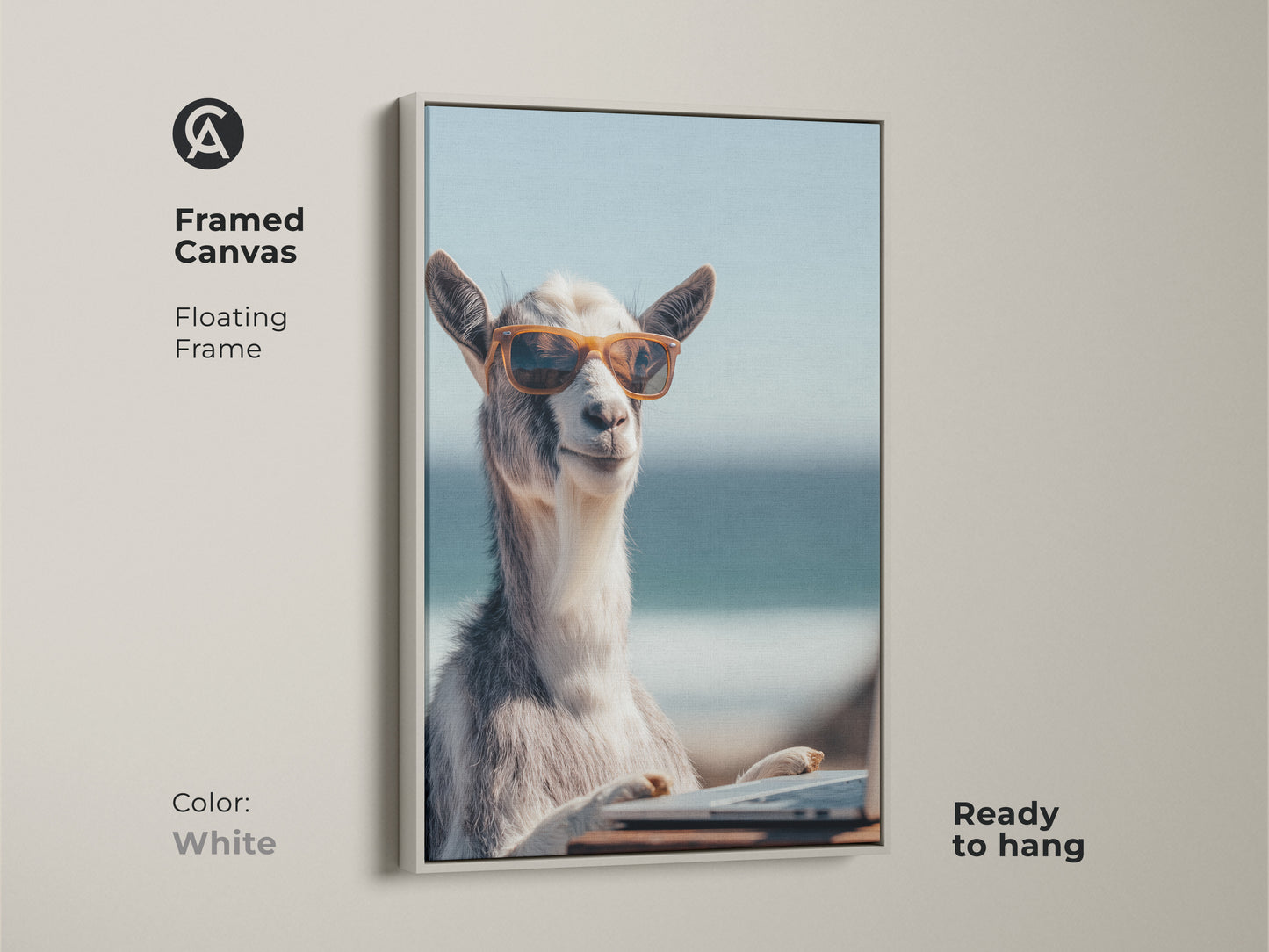 Framed canvas with a white floating frame showing goat art. This quirky office decor gift is perfect for animal enthusiasts. The animal enthusiast artwork is ready to hang.