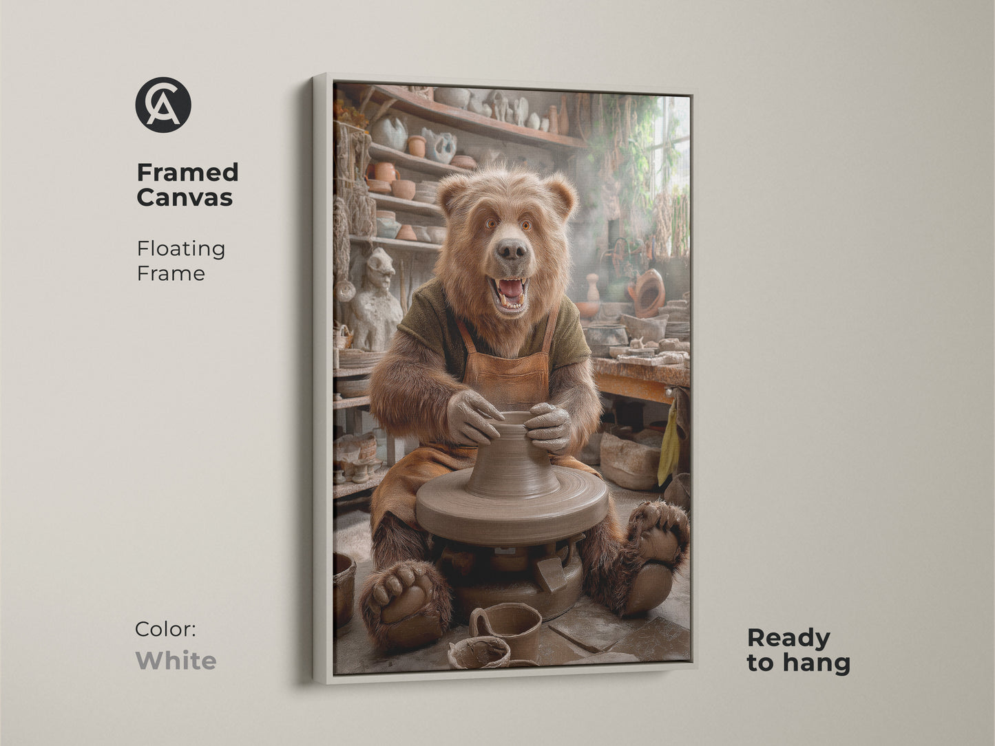Framed canvas of a bear at a pottery wheel in white. Floating frame offers a clean modern look. Ready to hang craftsmanship wall decor. Ideal for a bright creative space. Terracotta and earthy tones make it a unique pottery gift or kiln art print.