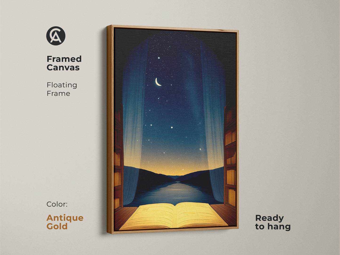 Antique gold framed canvas of surreal open book art. This conceptual literature decor is perfect for a study or office. The starry night canvas adds a dreamlike quality to any room. Ideal gift for bookworms this wall art is ready to hang.