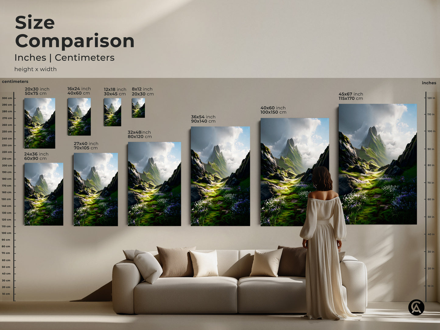 A size comparison of Green Floral Meadow art in inches and centimeters. This mountain landscape canvas comes in various sizes. The floral landscape decor fits any room.