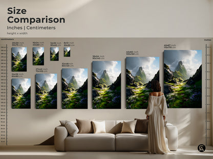A size comparison of Green Floral Meadow art in inches and centimeters. This mountain landscape canvas comes in various sizes. The floral landscape decor fits any room.