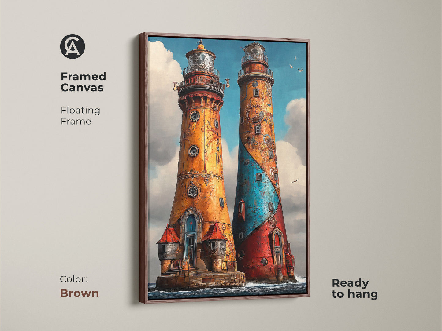 Framed canvas featuring Steampunk Lighthouse art with a brown floating frame. This ornate nautical wall art showcases vibrant red blue and orange colors. It's a coastal decor focal point