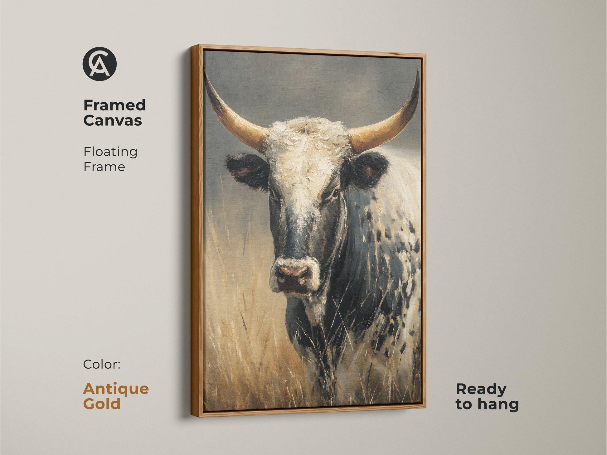 Longhorn Cow canvas artwork in an antique gold floating frame. This rustic animal print is ready to hang. The antique gold frame adds elegance to this black and white cow canvas. Great for farmhouse decor.
