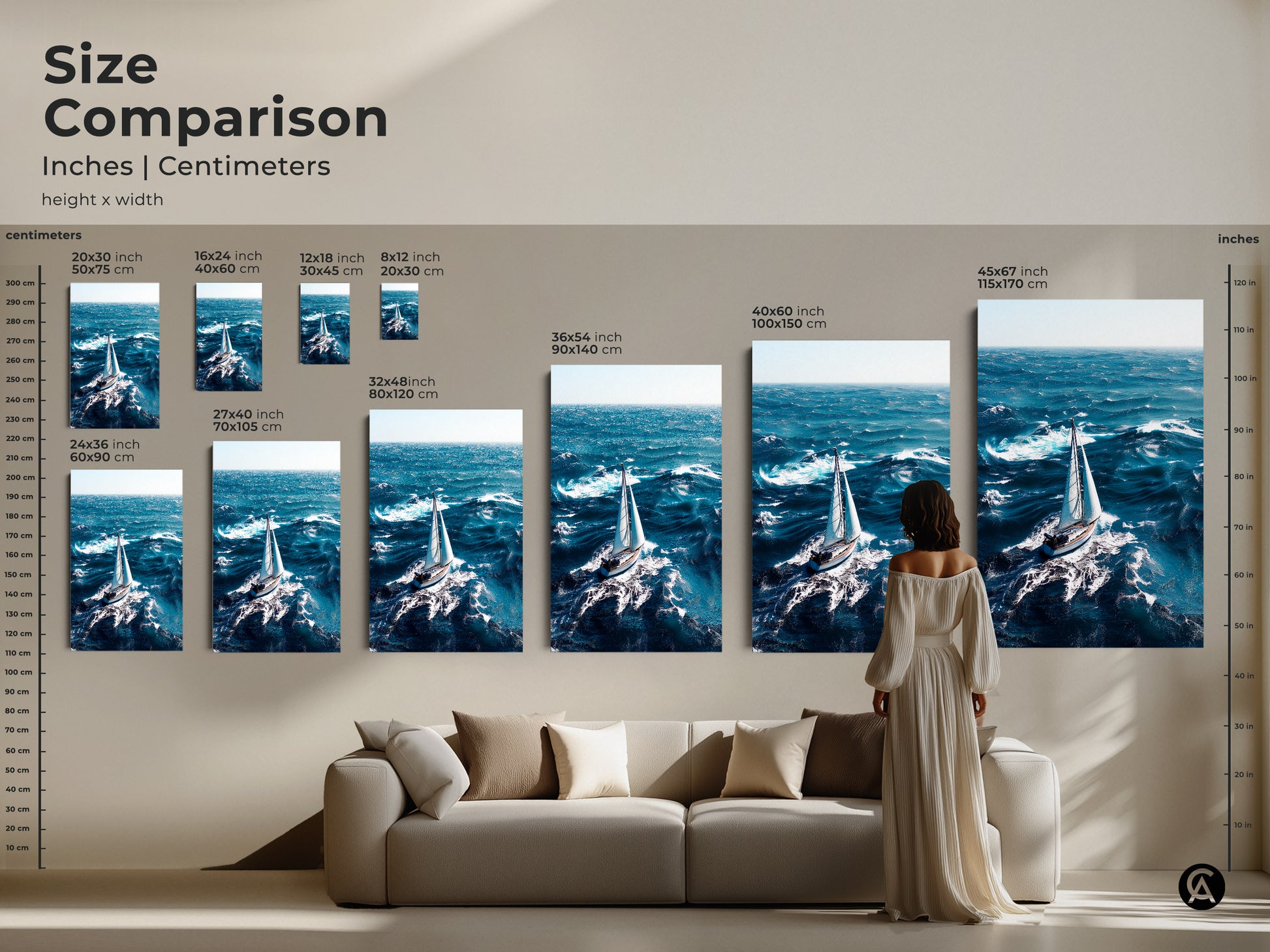This size comparison showcases the sailboat artwork in various sizes. The inches and centimeters are displayed. From 12x18 to 45x67 inches this nautical sailboat canvas art is a perfect addition to your home. The blue ocean waves artwork adds elegance to any space.