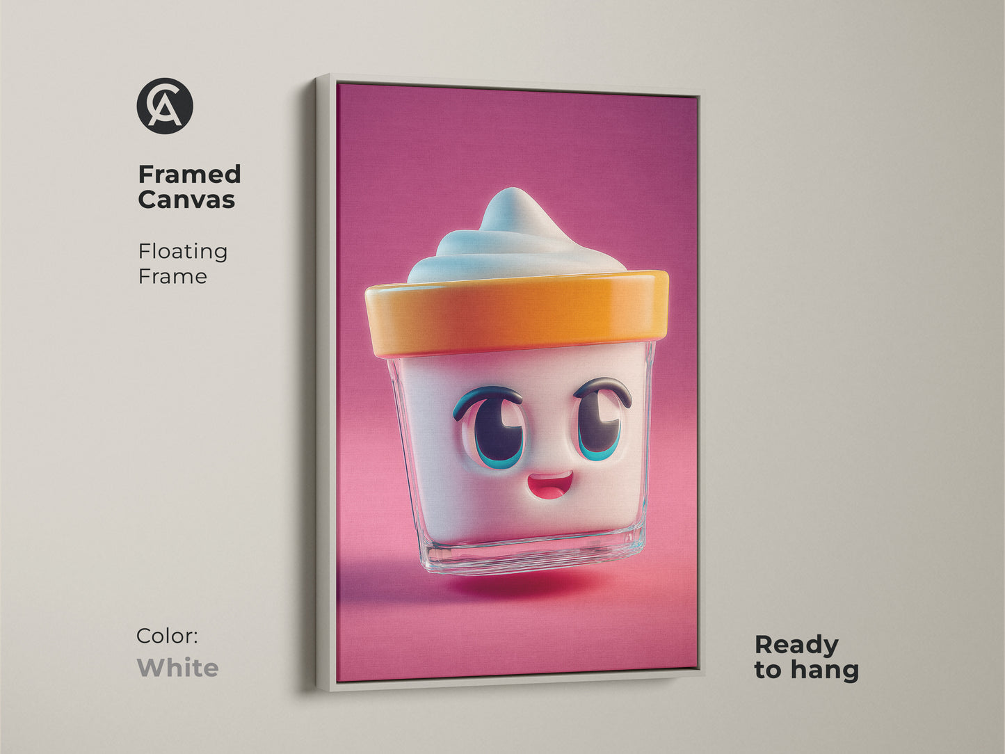 Framed canvas with a white floating frame shows kawaii ice cream art. This kids room poster is ready to hang. Its playful food artwork brings sweetness to any space. A cheerful home decor piece.