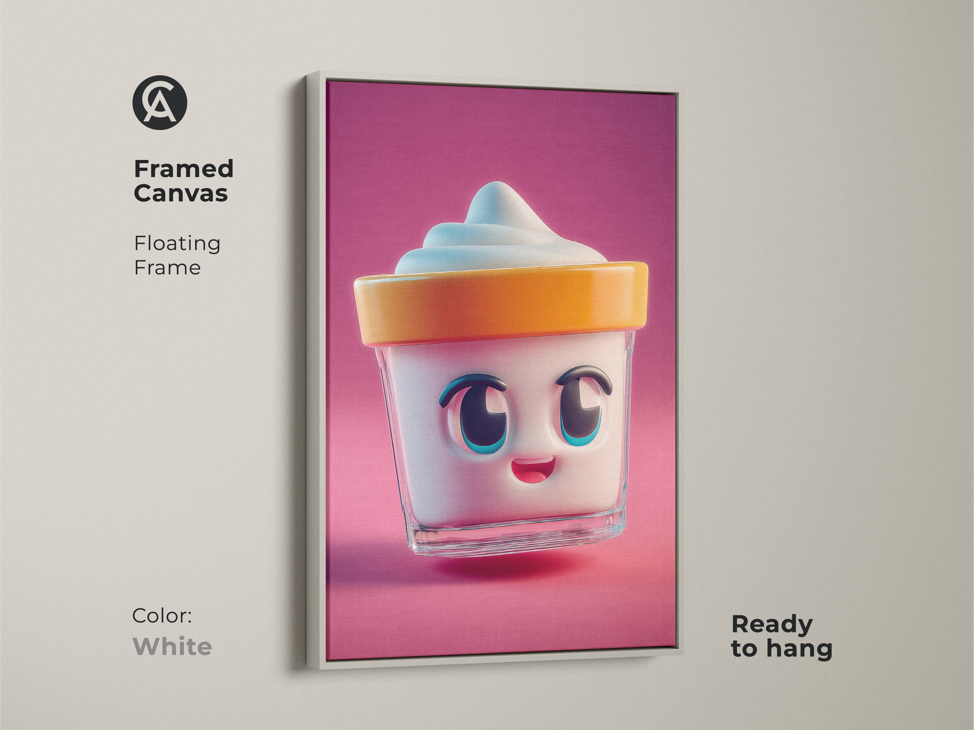 Framed canvas with a white floating frame shows kawaii ice cream art. This kids room poster is ready to hang. Its playful food artwork brings sweetness to any space. A cheerful home decor piece.