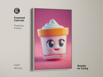 Framed canvas with a white floating frame shows kawaii ice cream art. This kids room poster is ready to hang. Its playful food artwork brings sweetness to any space. A cheerful home decor piece.