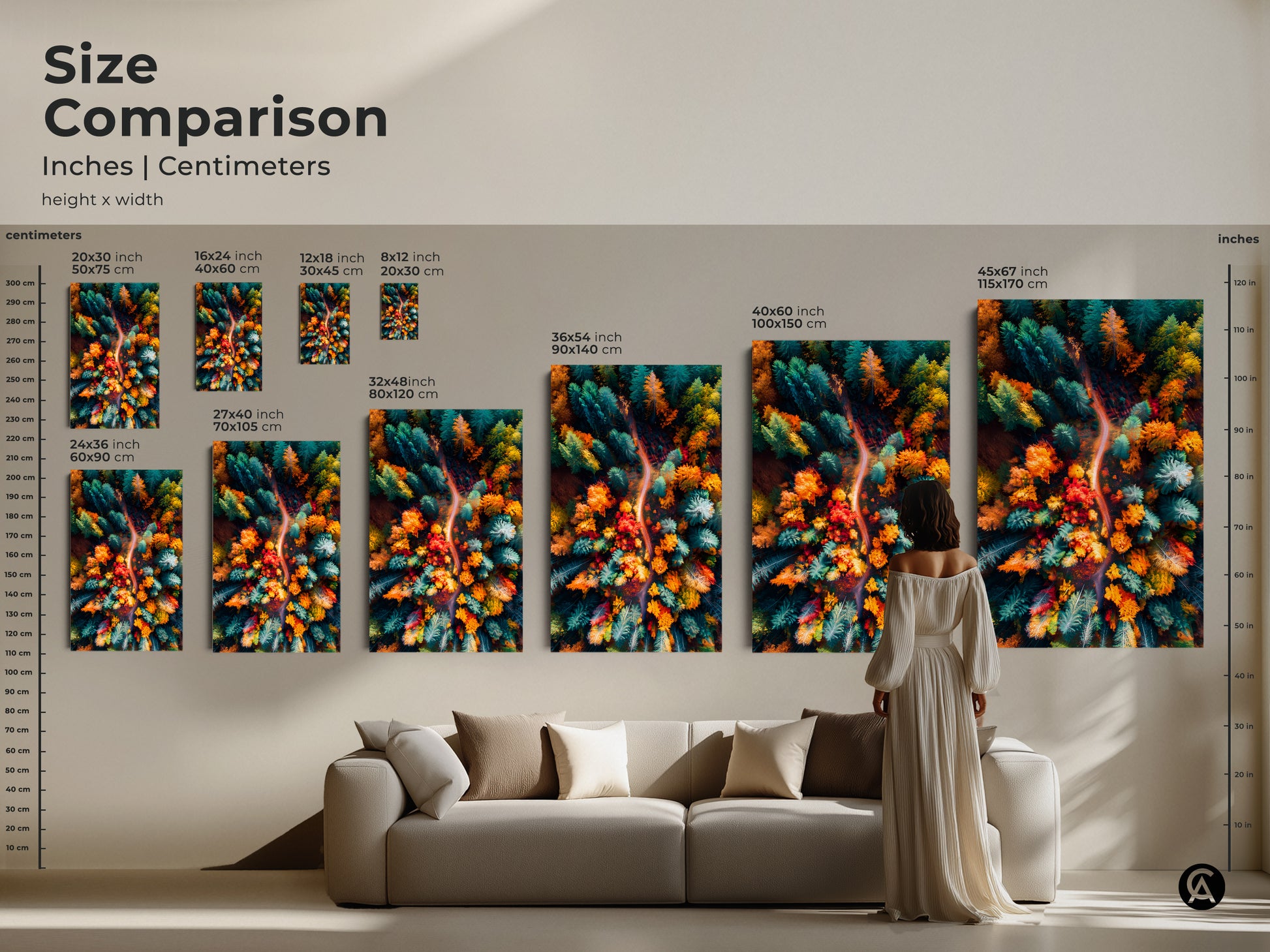 Size comparison of forest art prints. See the different sizes of canvas and poster prints side by side. From 20x30 cm to 115x170 cm. Visualize how each size will look in your living space. Find the perfect fit for your home.