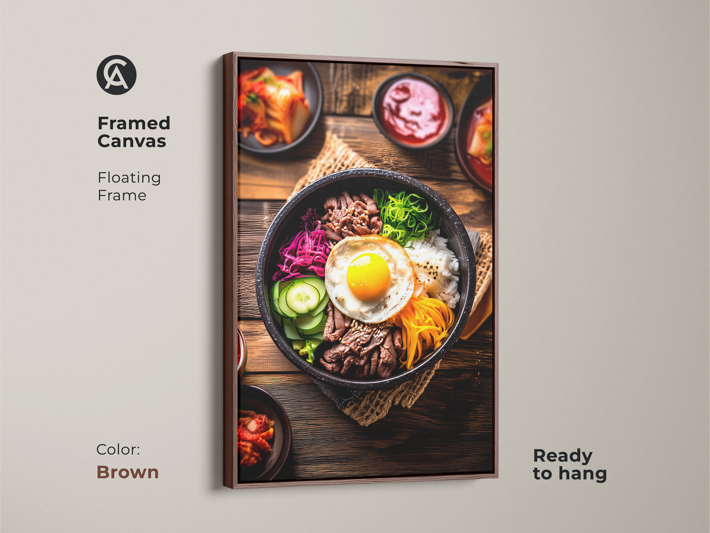 Framed canvas with a floating brown frame presenting Bibimbap artwork. This Korean food photography adds a warm touch to your dining area. Displaying beef vegetables and a fried egg it's ready to hang in your home.