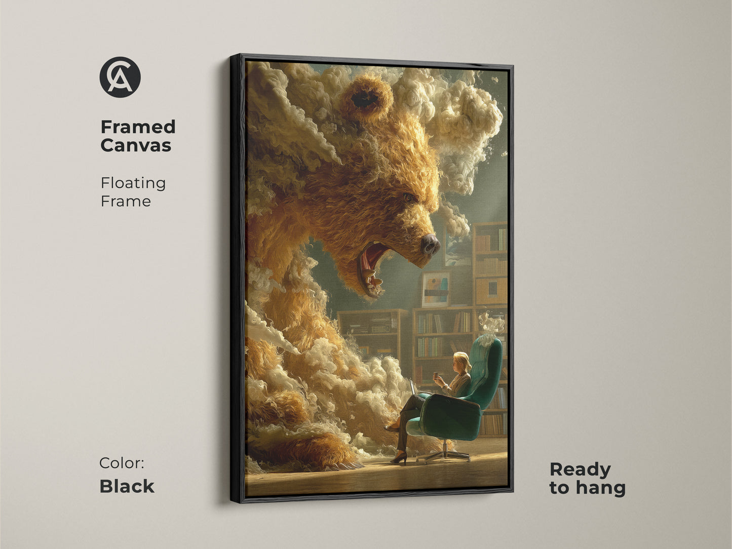 Framed canvas featuring surreal bear artwork. A black floating frame surrounds the fantasy art. This piece is ready to hang. Its a unique gift for any reader. It would work in any creative office.