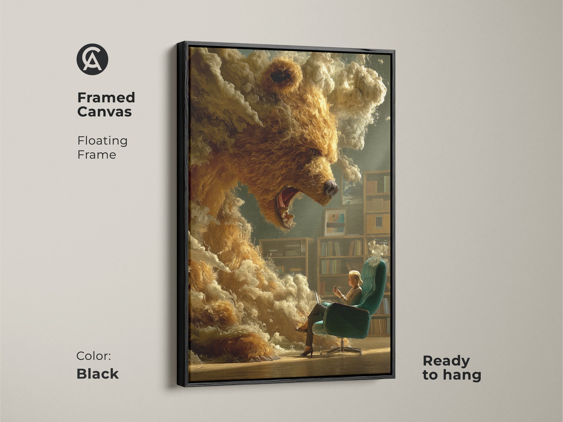 Framed canvas featuring surreal bear artwork. A black floating frame surrounds the fantasy art. This piece is ready to hang. Its a unique gift for any reader. It would work in any creative office.
