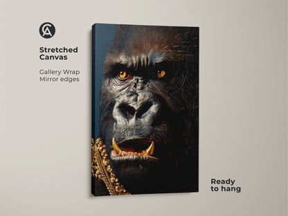 Close-up of a stretched canvas print. This gallery-wrapped artwork features a gorilla with a golden chain. It is ready to hang with mirrored edges. This gorilla art brings a modern touch to your walls. Enhance your home decor with this canvas.