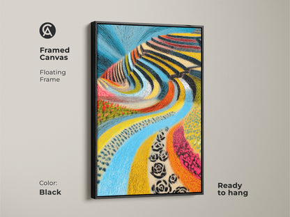 Framed canvas folk art landscape. The abstract blue river is showcased in a floating black frame. Ready to hang this colorful artwork adds an eclectic touch. Perfect for a housewarming gift. This nature painting enhances any home. A vibrant unique wall art piece.