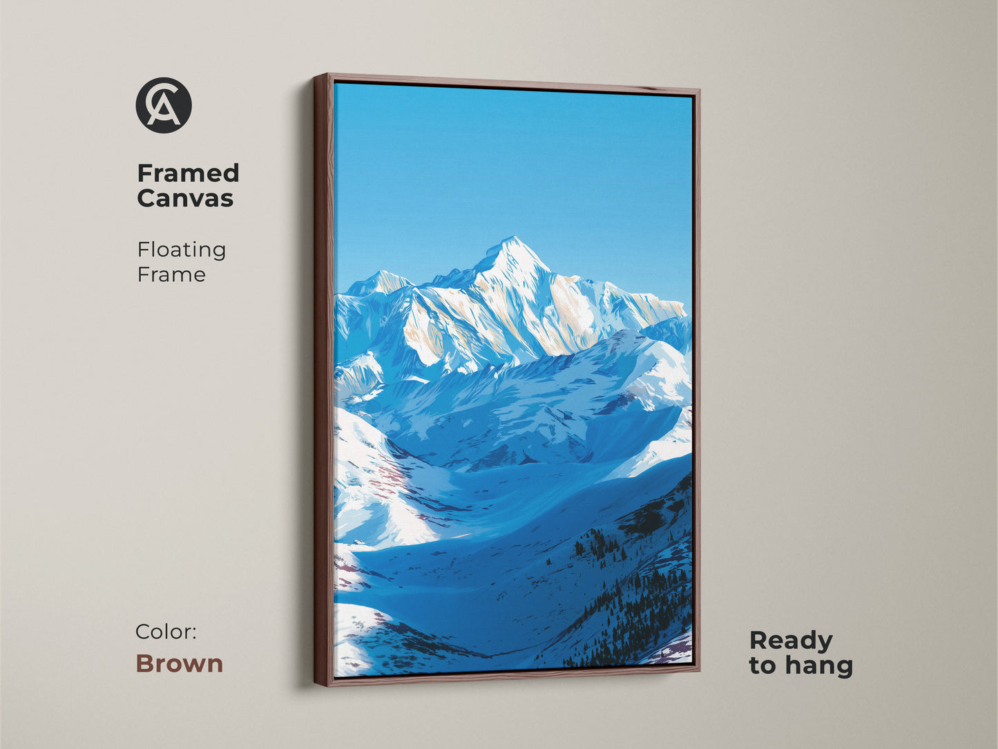A framed canvas features a floating frame in brown displaying a serene snowy mountain landscape. This ready-to-hang nature artwork is ideal for adding alpine scenery to your space. The blue sky mountain art makes a thoughtful housewarming gift for outdoor enthusiasts. It is a stunning piece of minimalist landscape art.