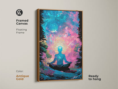 Framed canvas art featuring a meditating figure in lotus pose. The antique gold floating frame adds a vintage touch. Ready to hang for simple installation. This spiritual artwork radiates peace. Ideal for meditation rooms or bedrooms. Enhance your space with this calming art.