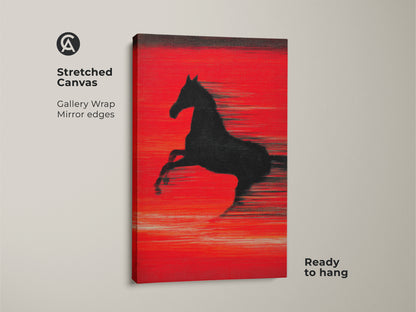 Stretched canvas showcasing an abstract horse in crimson red. The black horse silhouette art is ready to hang. It features gallery wrap mirror edges. This dynamic motion artwork adds a contemporary touch. It's ideal for those seeking animal abstract art.