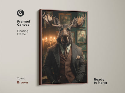 Steampunk moose framed canvas. Victorian gentleman art with a brown floating frame. This dapper animal portrait is ready to hang. Eclectic office decor featuring this vintage moose artwork is great for gents club wall art.