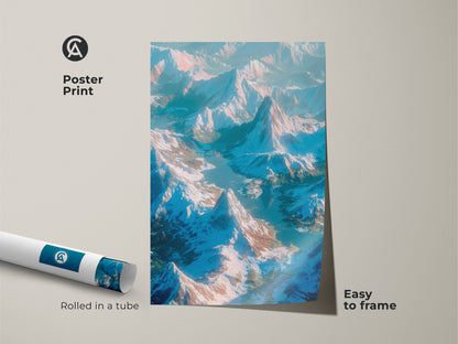 Poster print of an aerial mountain view. The artwork is rolled in a tube for easy framing. The serene landscape brings a sense of peace. Ideal for living rooms or offices. A great gift for nature enthusiasts.