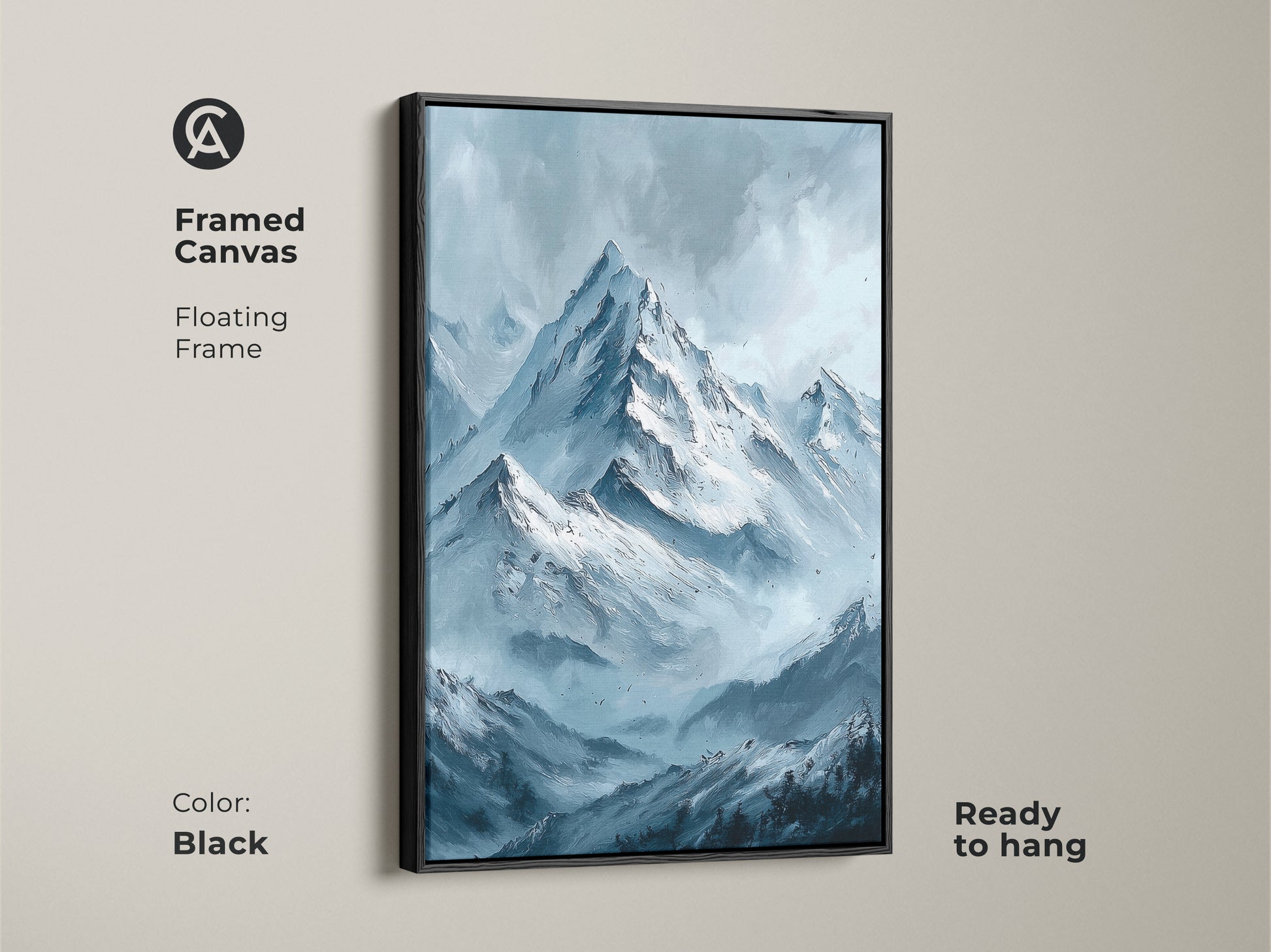 Framed canvas art print of mountains for sale. This floating frame features snow-capped mountains and a blue hue. This framed canvas comes ready to hang in black. Find the perfect piece for your home today
