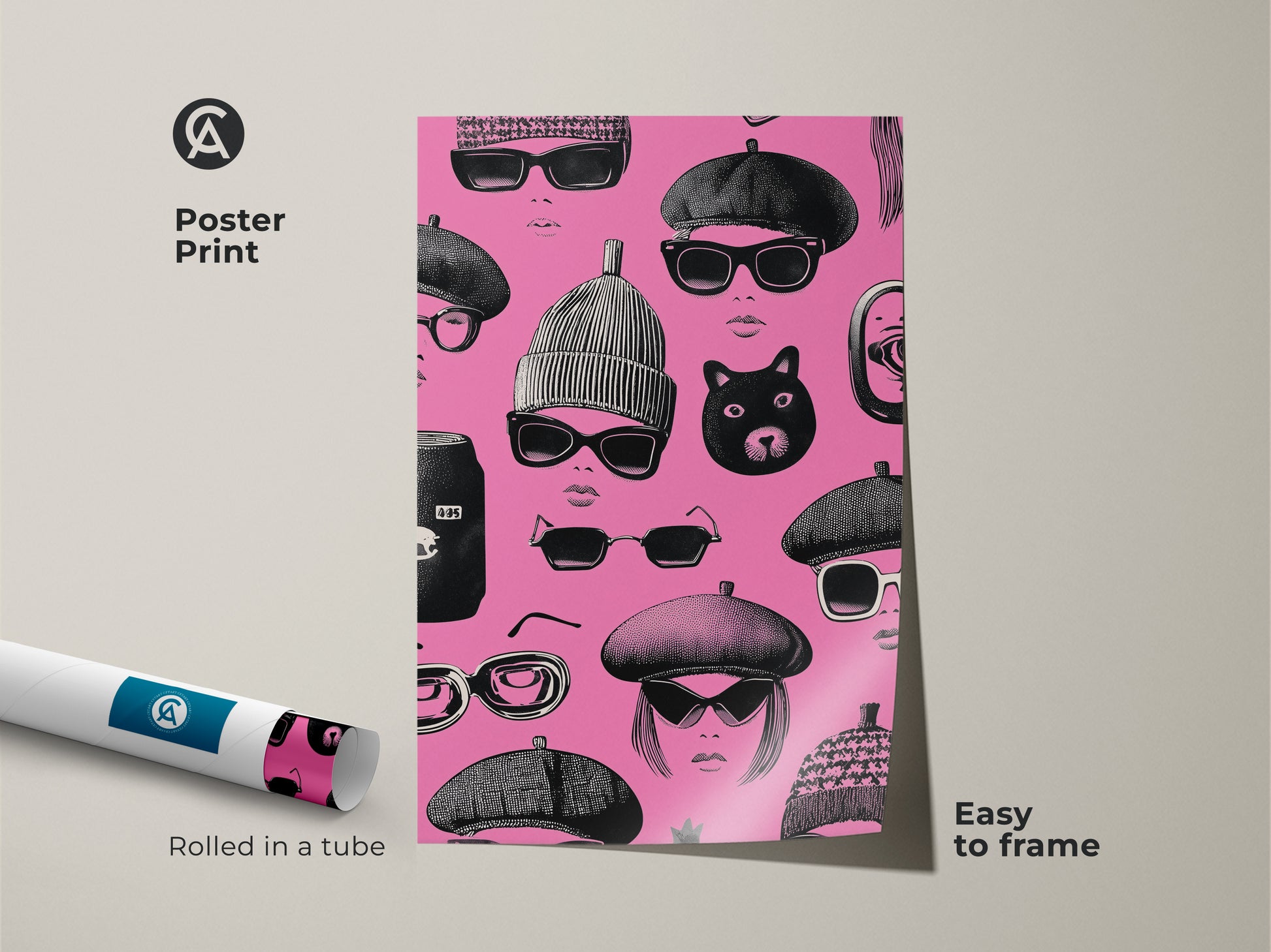 A poster print of retro pop art. The pink and black faces art features sunglasses and berets. The eclectic fashion print would make a great gift for her. The quirky wall art print is easy to frame and hang.