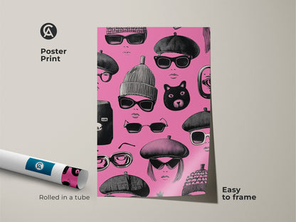A poster print of retro pop art. The pink and black faces art features sunglasses and berets. The eclectic fashion print would make a great gift for her. The quirky wall art print is easy to frame and hang.