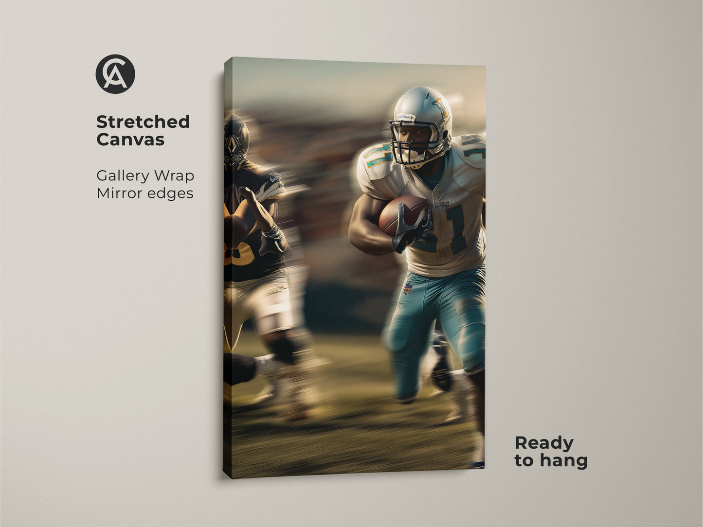 Elevate your space with this action sports wall art on stretched canvas. The dynamic football player artwork is a modern man cave decor essential. Blue teal football print captures the energy of the game. Ready to hang with gallery wrap mirror edges this canvas adds a contemporary touch to any room. It is a perfect gift for football fans.