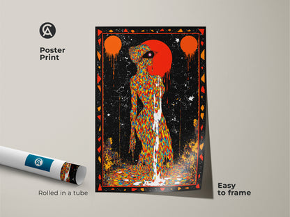 A psychedelic poster print rolled in a tube. Easy to frame for a quick decor update. This surreal drip effect wall art features a multi-colored canvas. Add this eclectic home decor art to your space today. An art lover birthday gift for a unique touch. Black background art to elevate any room.