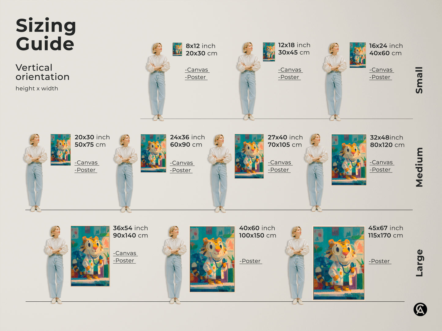 Sizing guide for vertical cartoon tiger doctor artwork. Available in canvas and poster options. Sizes range from small to large. Find the perfect fit for your space. Enhance your walls with playful artwork.