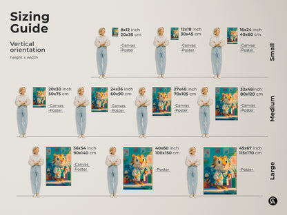 Sizing guide for vertical cartoon tiger doctor artwork. Available in canvas and poster options. Sizes range from small to large. Find the perfect fit for your space. Enhance your walls with playful artwork.