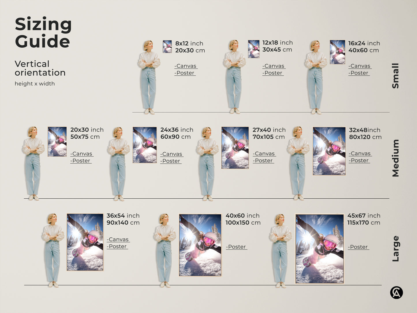 Sizing guide for snowboarder action art. This dynamic winter sports canvas and poster prints are available in vertical orientations. Find the perfect size for your winter mountain canvas decor.