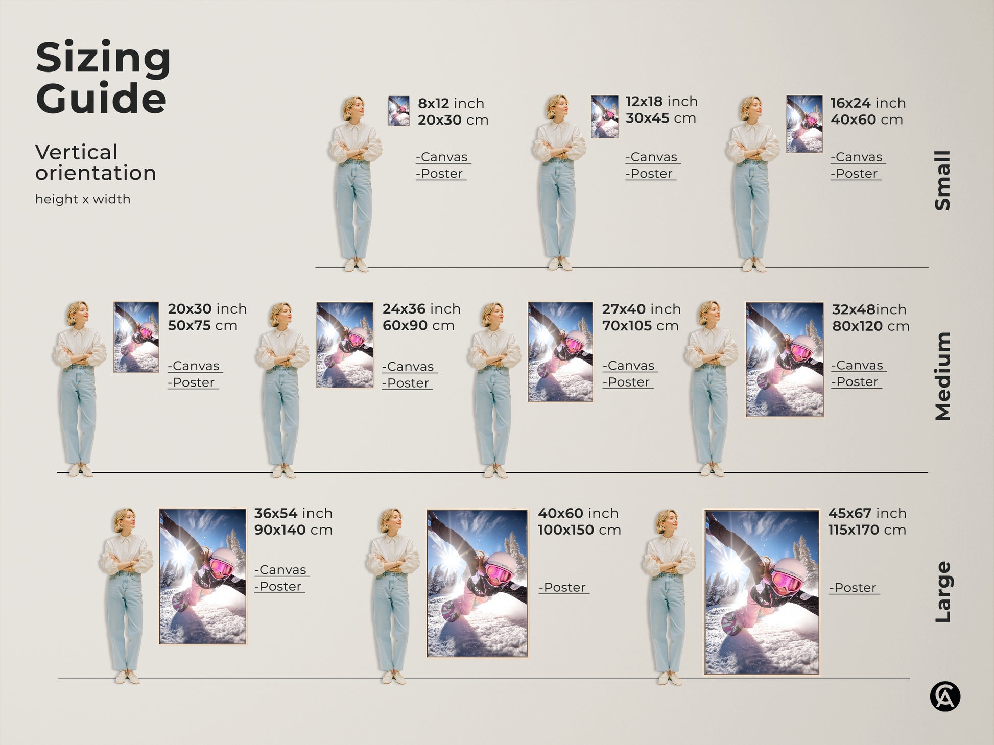 Sizing guide for snowboarder action art. This dynamic winter sports canvas and poster prints are available in vertical orientations. Find the perfect size for your winter mountain canvas decor.